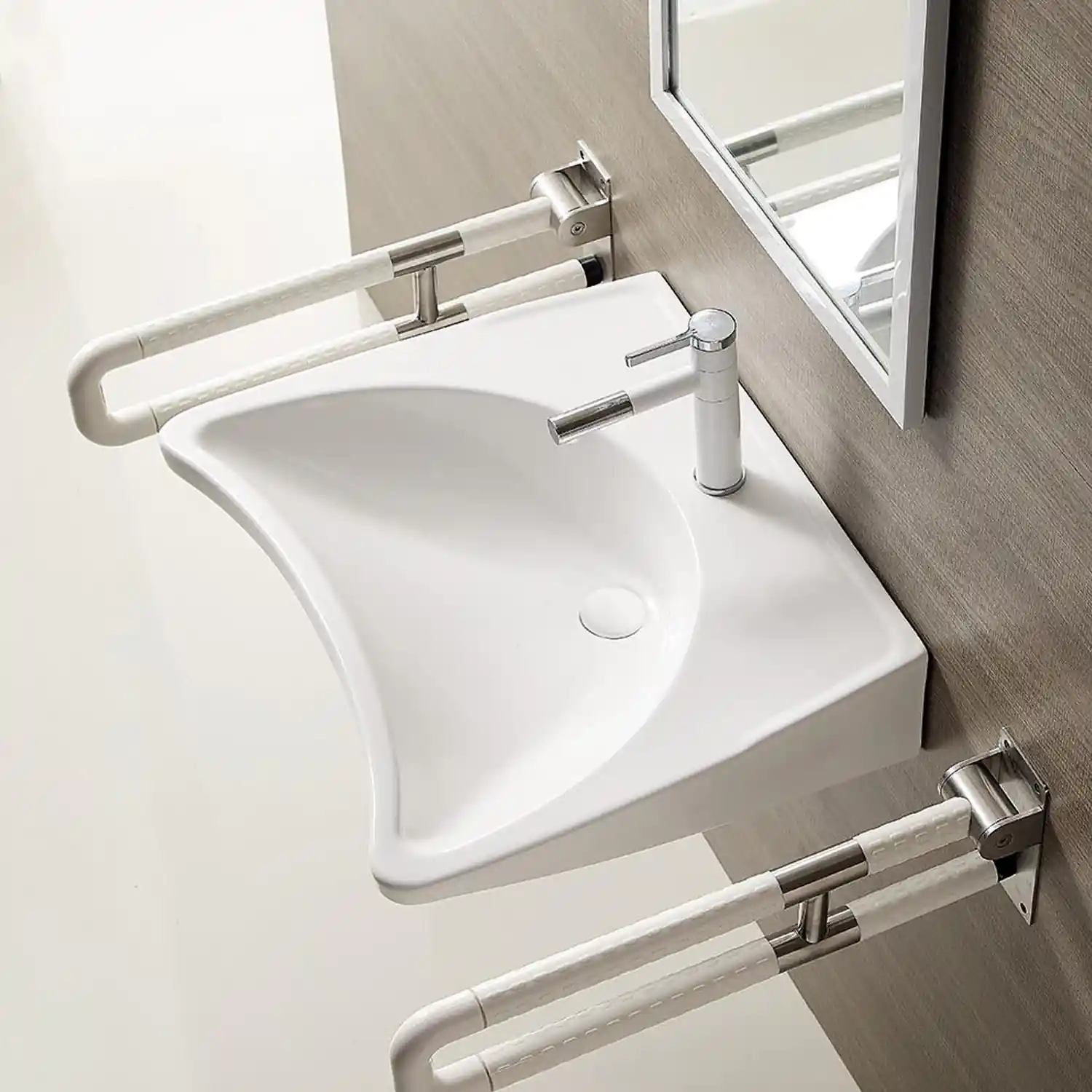 wall-mount ceramic 25 inch wheelchair accessible bathroom sink for disabled, compliant with any barrier-free bathroom settings.